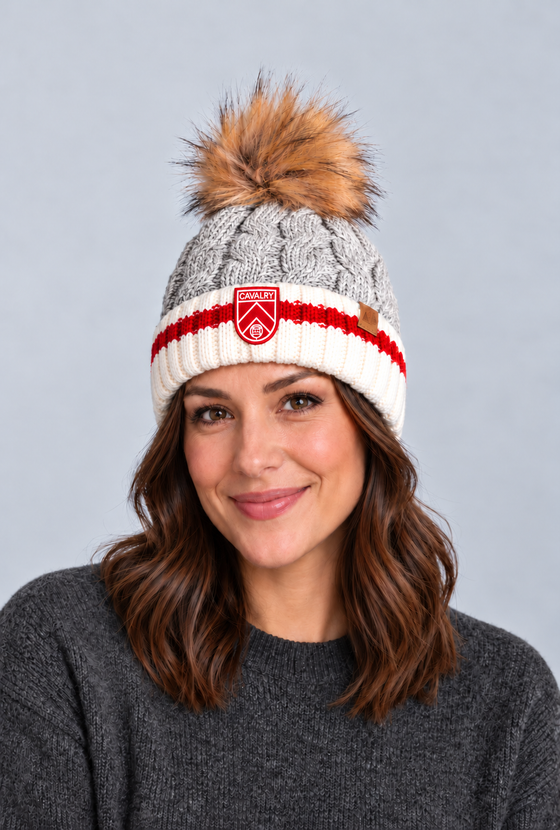 Ladies Cable Knit Toque with Faux Fur Pom